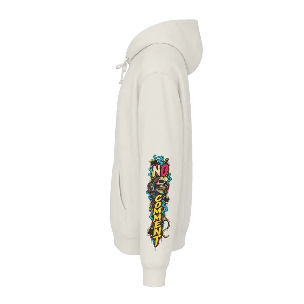 Cream-colored heavyweight hooded sweatshirt featuring a vibrant no comment graphic with skulls on the left sleeve
