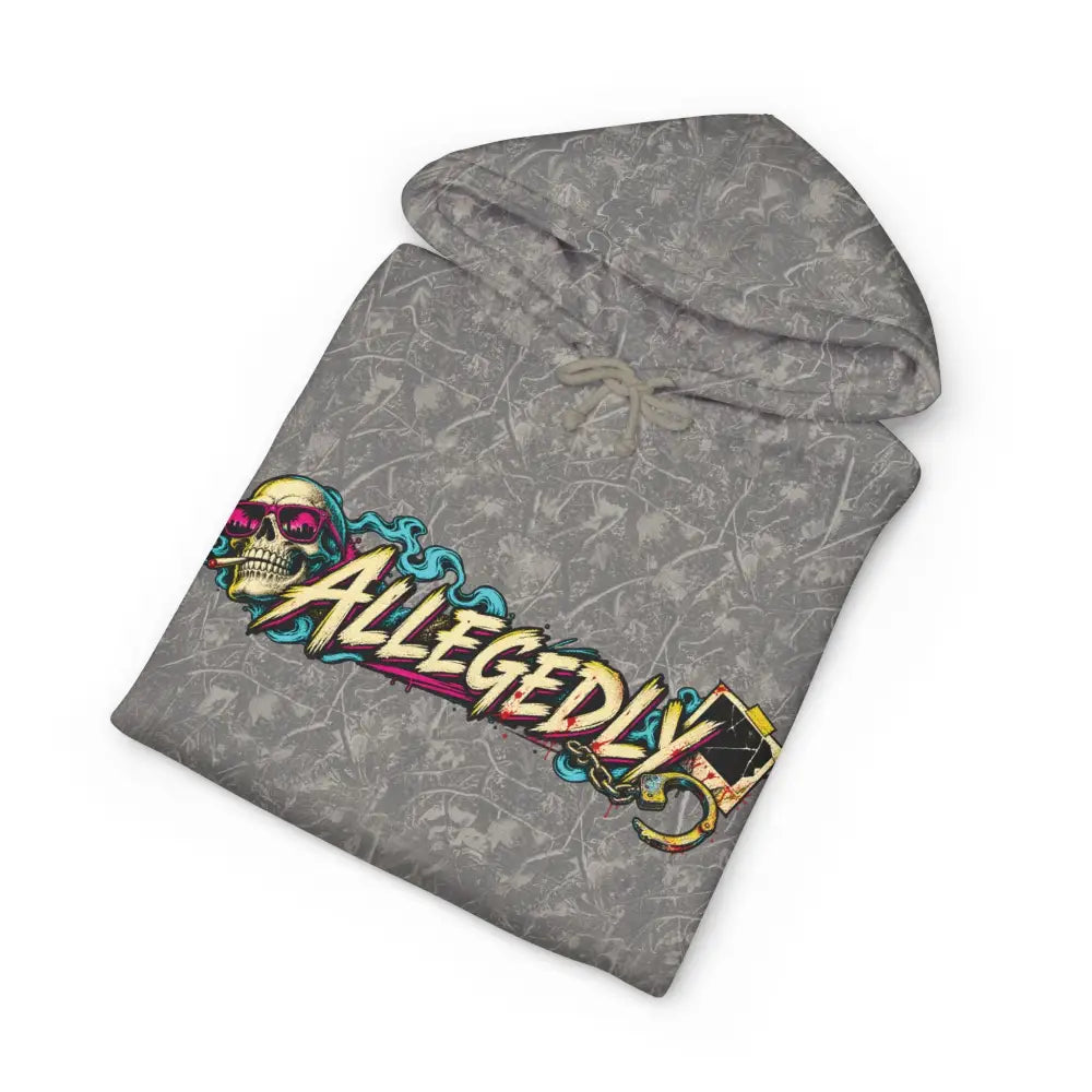 Unisex allegedly heavyweight hooded sweatshirt with gray camo, skull graphic wearing pink sunglasses, and chain-link details