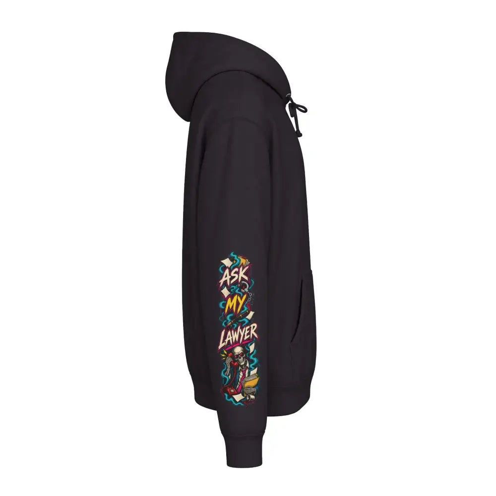 Black heavyweight hooded sweatshirt featuring a colorful ask my lawyer graphic with a cartoon lawyer on the sleeve