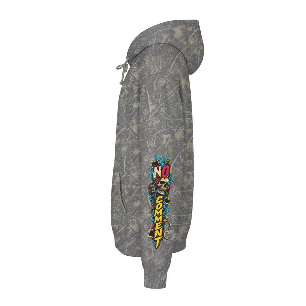 Unisex gray camouflage heavyweight hooded sweatshirt with vibrant no comment skull and microphone graphic on sleeve