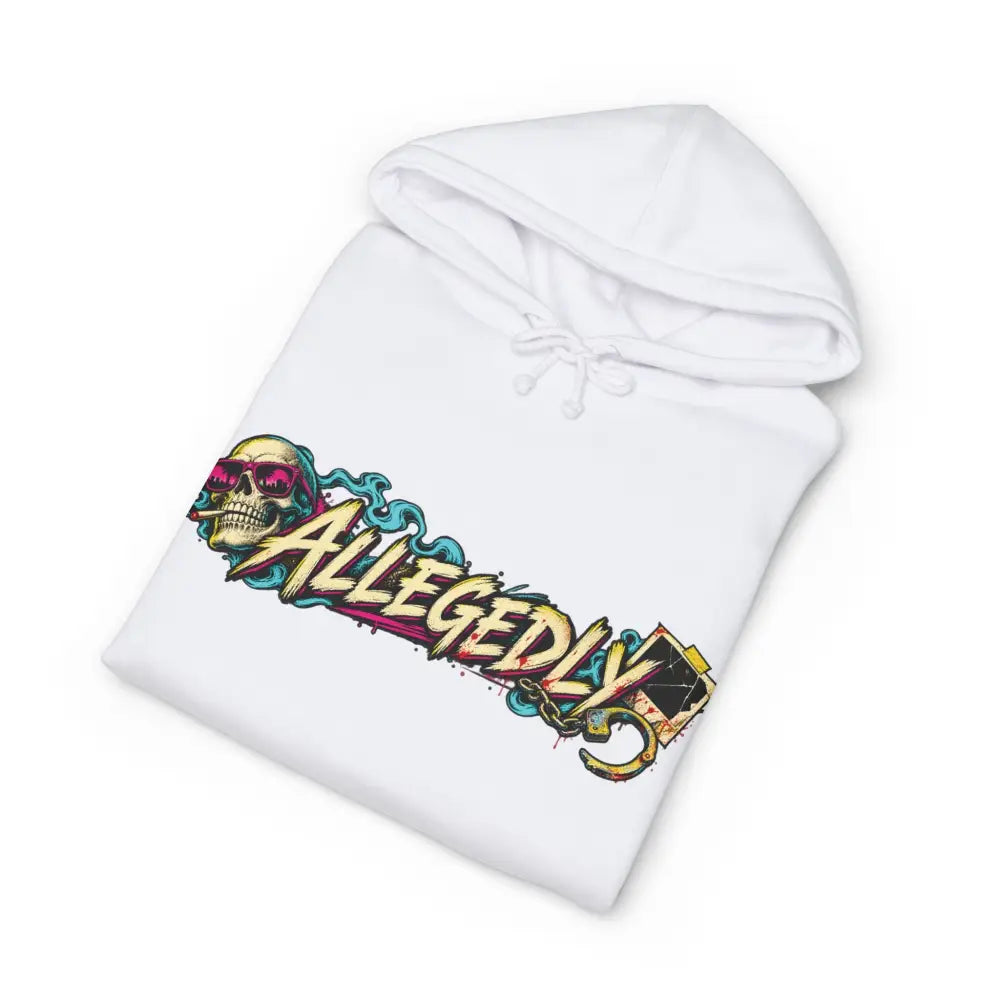 White heavyweight hooded sweatshirt featuring a vibrant skull graphic with pink sunglasses and bold allegedly lettering