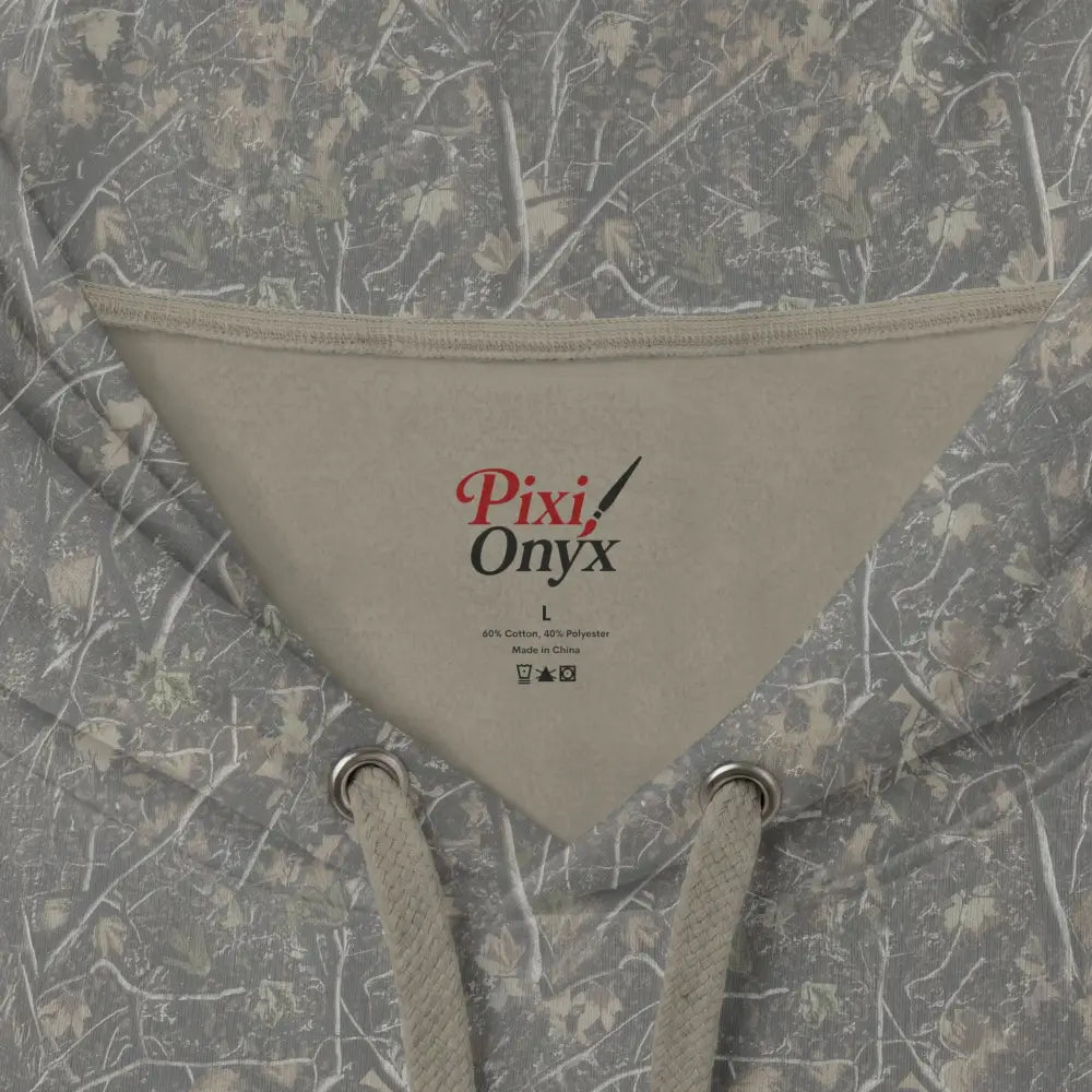Beige triangular inner collar of pixi onyx heavyweight hooded sweatshirt with gray white camouflage brings bold style
