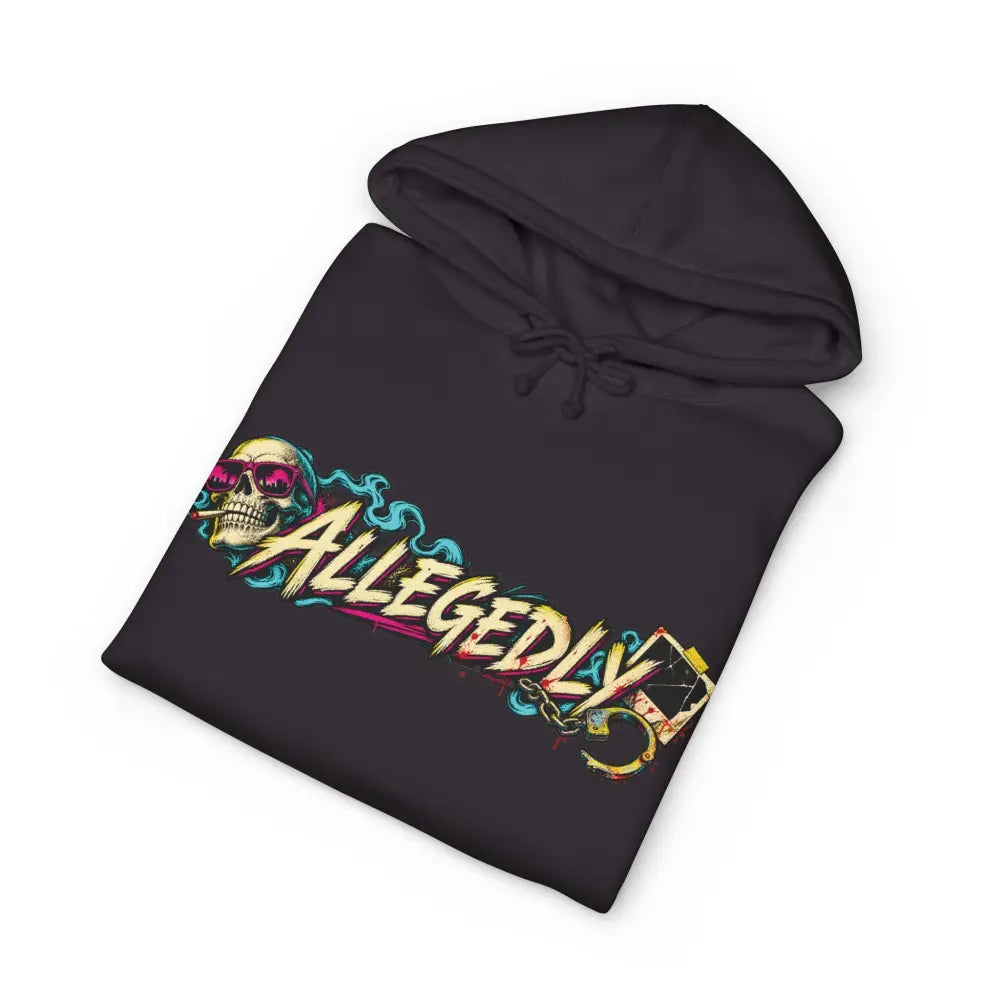 Black heavyweight hooded sweatshirt featuring a vibrant skull graphic with pink sunglasses and colorful allegedly lettering