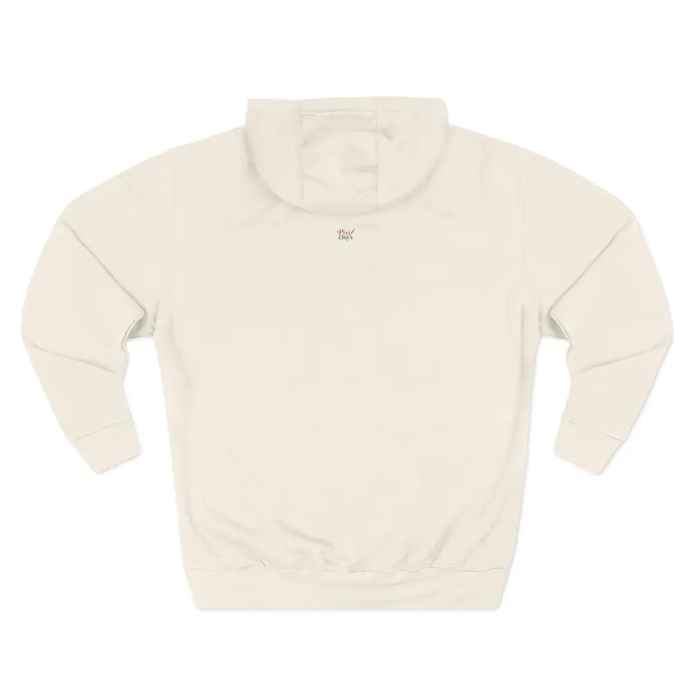 Cream-colored unisex city skyline hoodie with three-panel hood low shrinkage fabric and subtle chest embroidery on back side