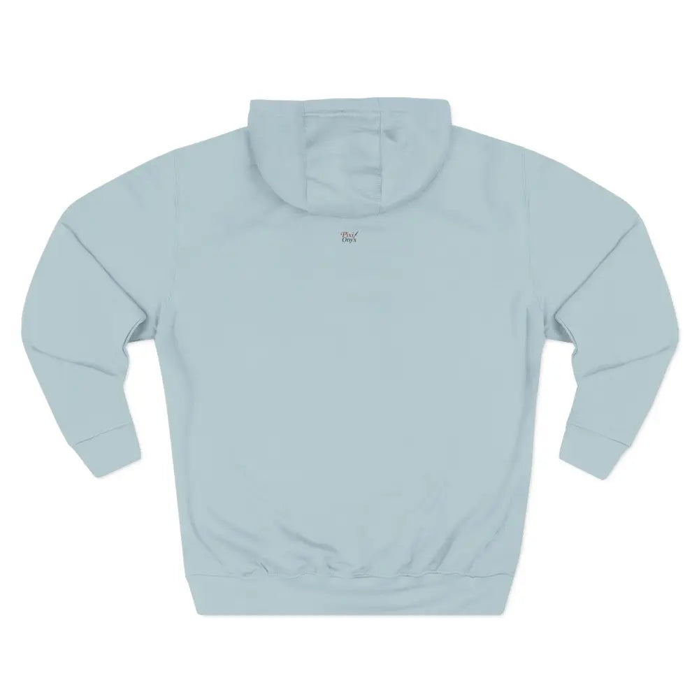 Soft light blue unisex city skyline hoodie with three-panel hood low shrinkage and subtle chest embroidery on back side
