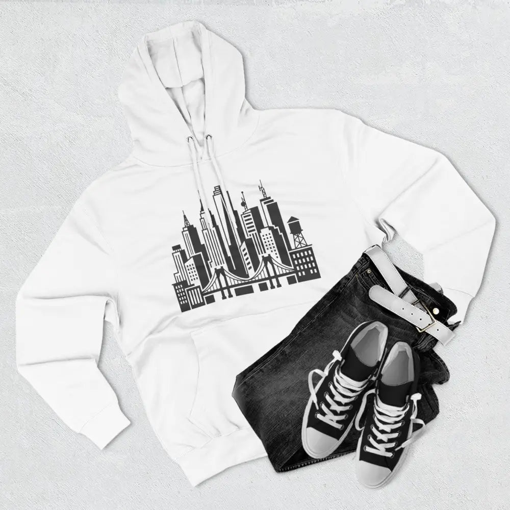 White unisex city skyline hoodie with black urban bridge graphic chest embroidery and low shrinkage three-panel hood