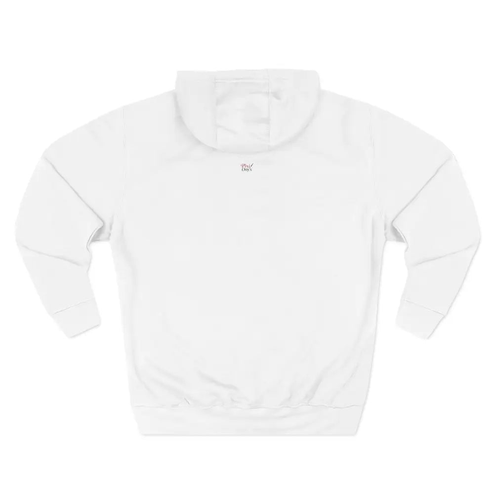 White unisex city skyline hoodie back view with black chest embroidery and three-panel hood low shrinkage pullover