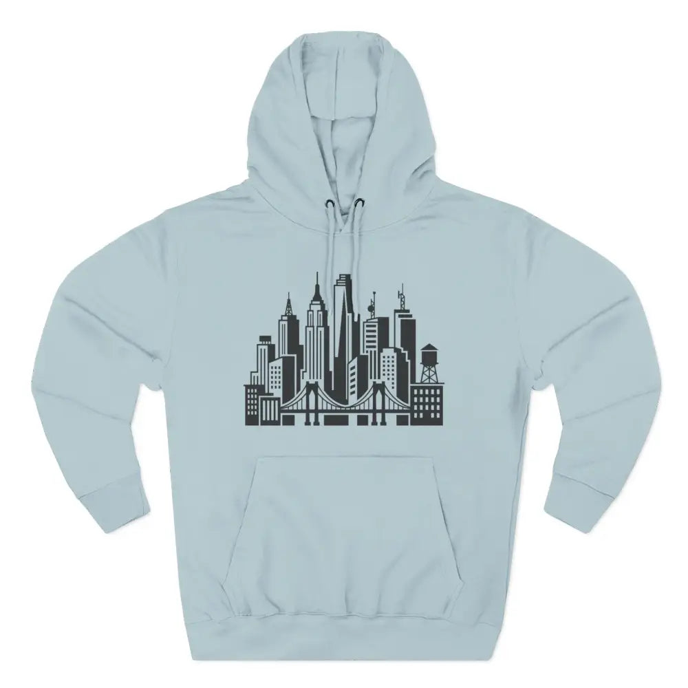 Light blue unisex city skyline hoodie with black chest embroidery of buildings and bridges and low shrinkage fabric