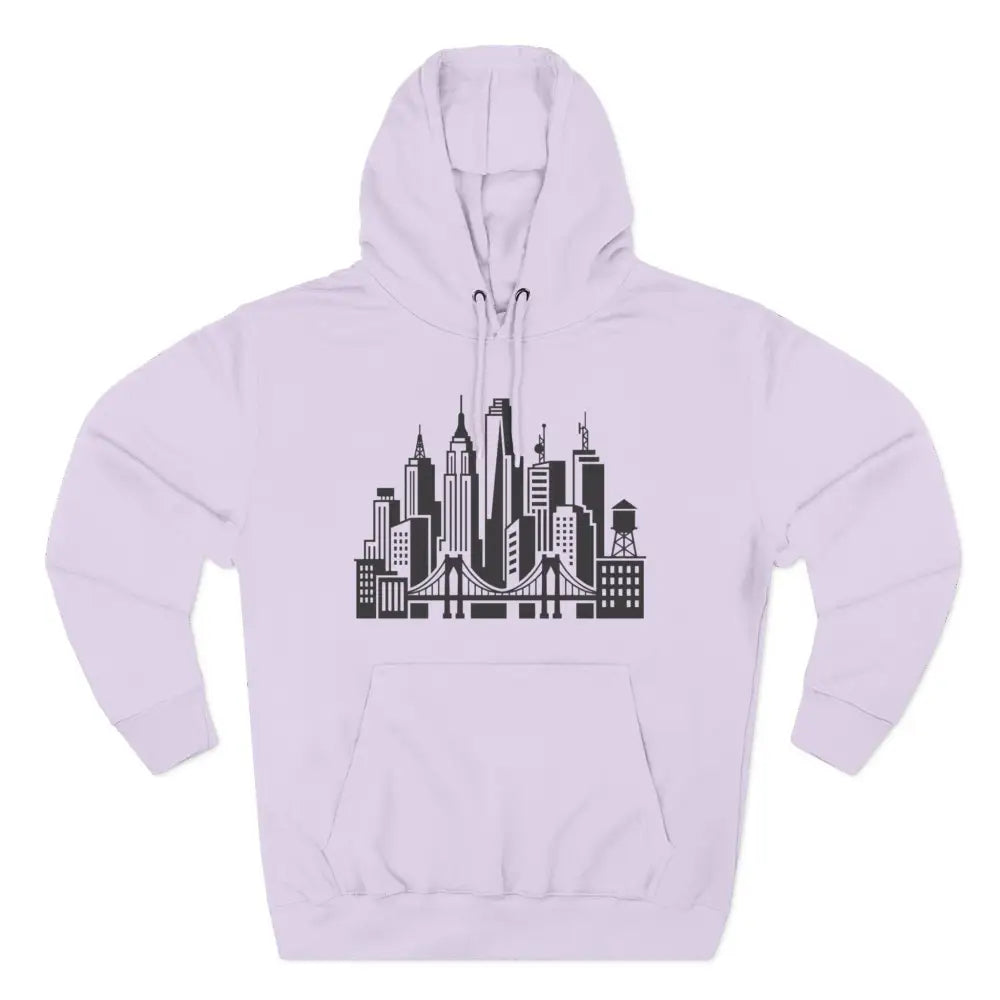 Soft lavender unisex city skyline hoodie with bold black chest embroidery featuring bridges and skyscrapers and three-panel hood