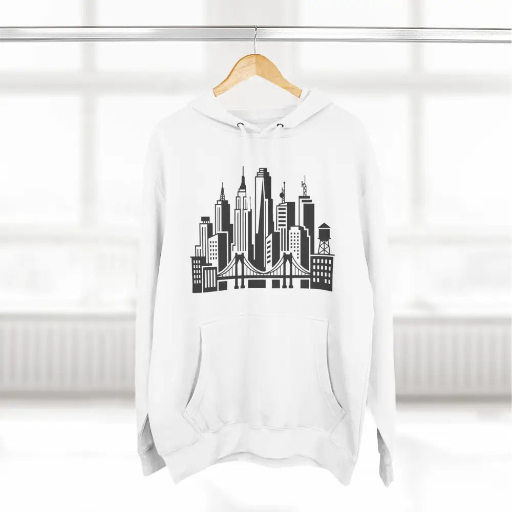 White unisex city skyline hoodie with black urban bridge graphic chest embroidery and low shrinkage three-panel hood design