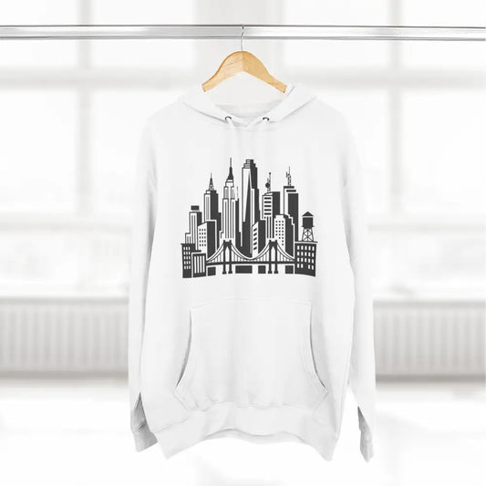 White unisex city skyline hoodie with black urban bridge graphic chest embroidery and low shrinkage three-panel hood design