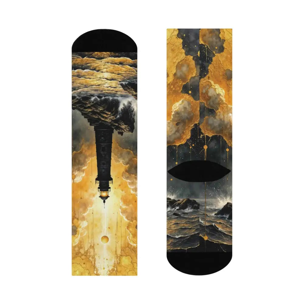 Unisex cushioned crew socks with abstract inverted lighthouse and stormy sea design