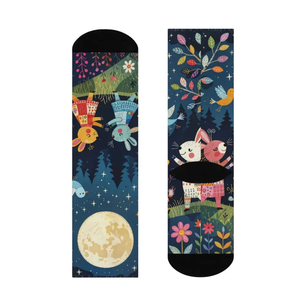 Unisex Cushioned Crew Socks featuring folk art forest creatures with bunnies, birds, trees, and moon