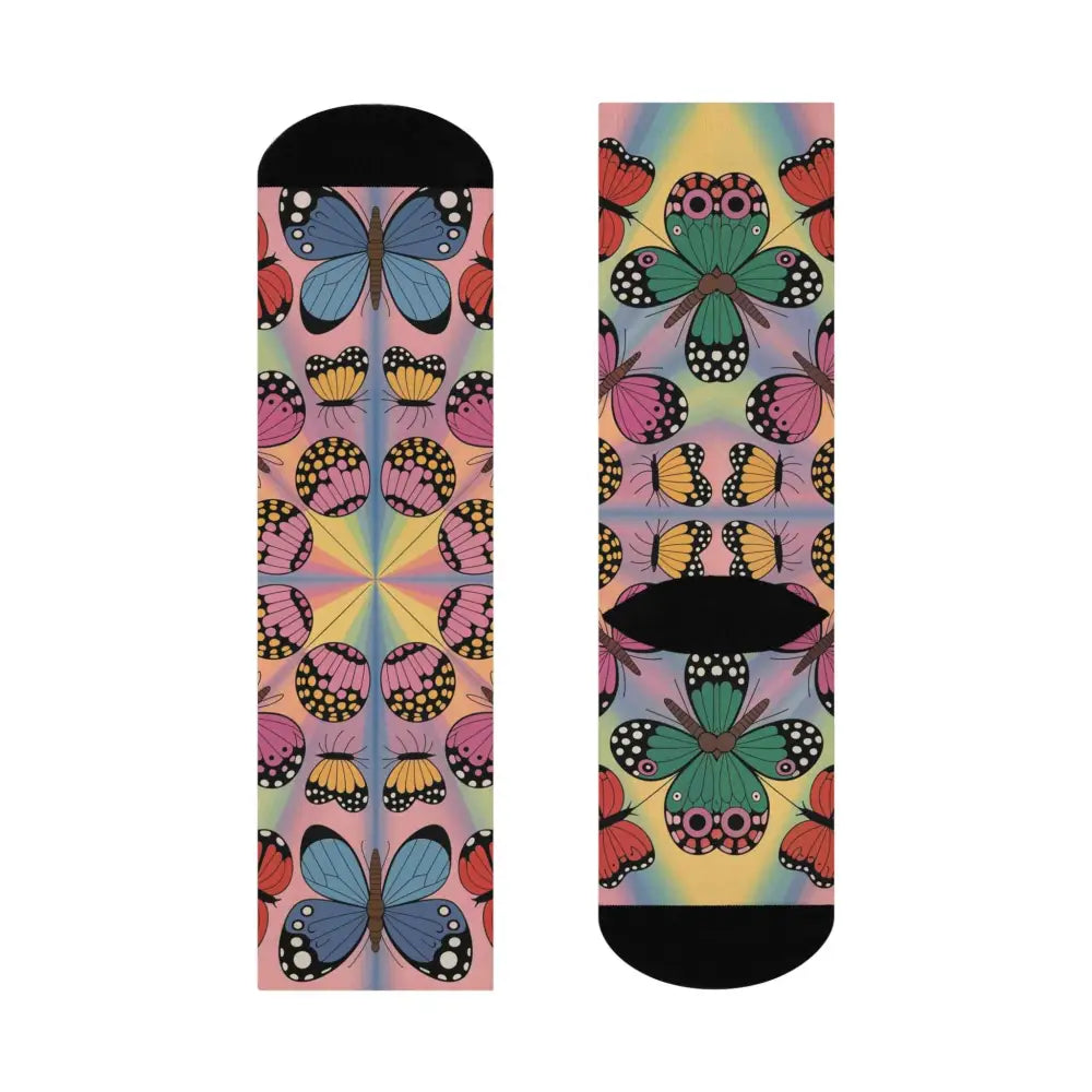 Colorful butterfly pattern cushioned crew socks from Kaleidoscope Flight collection