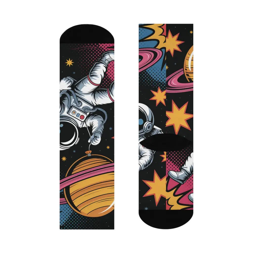 Unisex Cushioned Crew Socks with astronauts and planets featuring Saturn Balloon design