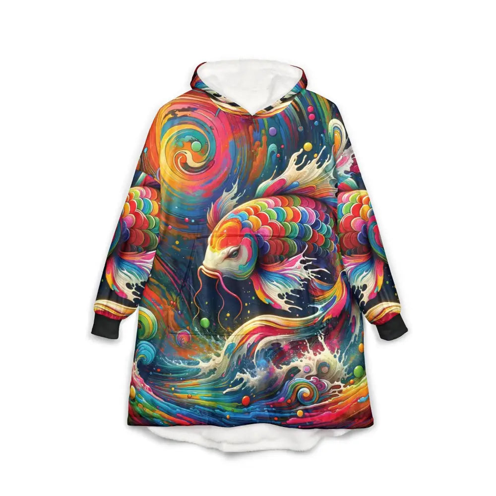 Colorful koi fish hooded blanket from PixiOnyx featuring vibrant rainbow psychedelic design