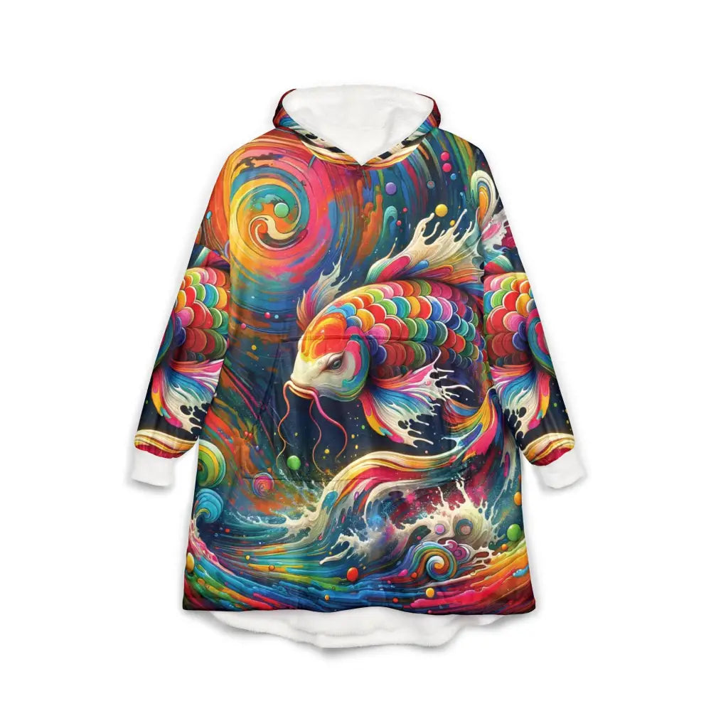 Colorful koi fish hooded blanket from PixiOnyx featuring vibrant psychedelic wave design