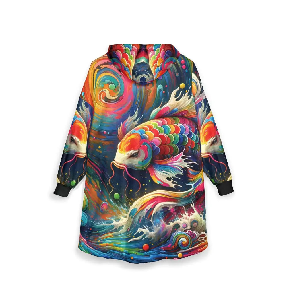 Colorful Koi Fish Hooded Blanket from PixiOnyx with psychedelic rainbow waveform design