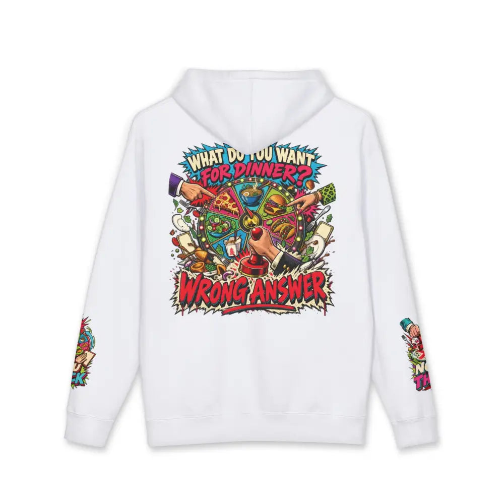 White heavyweight hooded sweatshirt with vibrant cartoon pizza dinner wheel graphic and bold red text for loud style