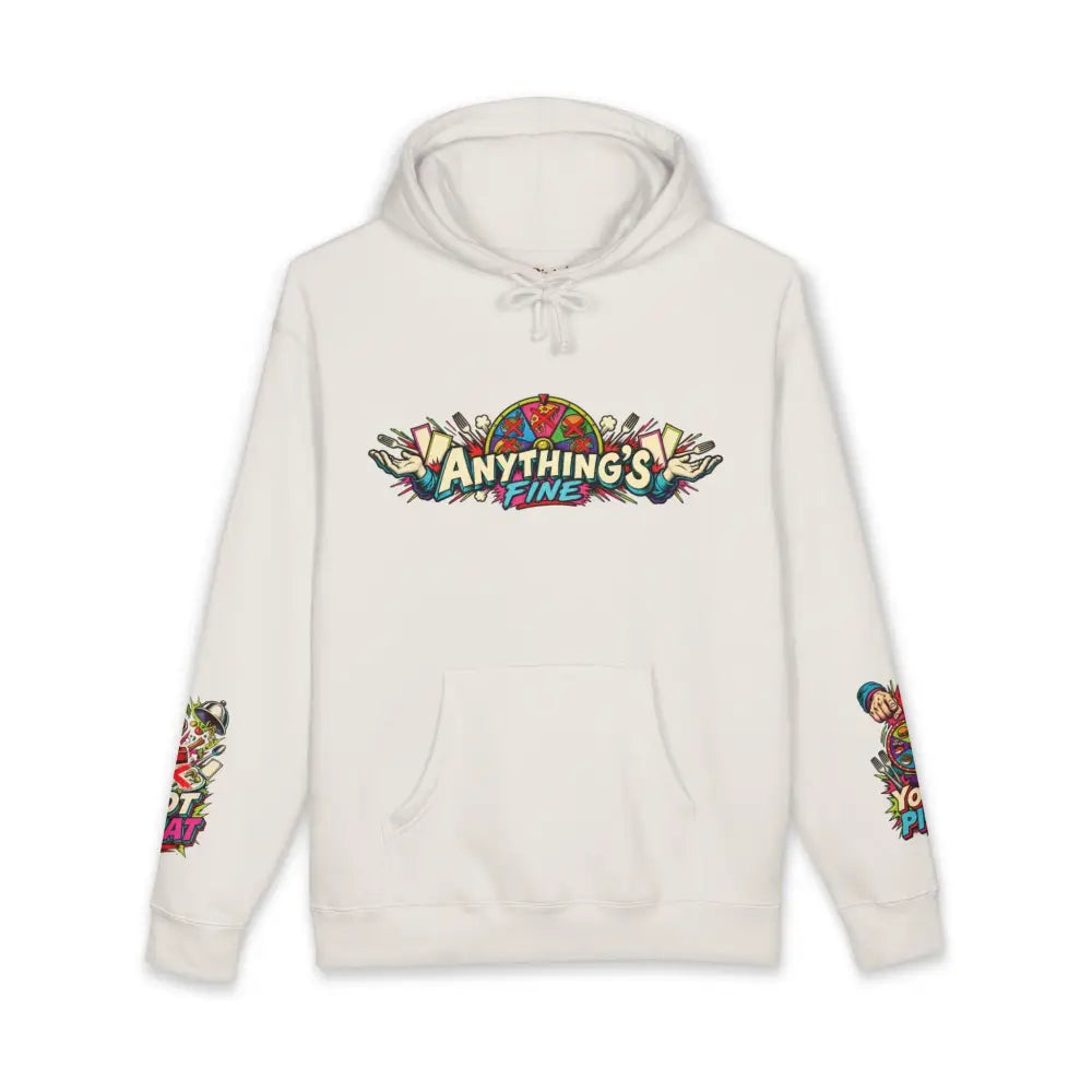 Off-white heavyweight hooded sweatshirt featuring vibrant graffiti style anything’s fine graphic and colorful sleeves