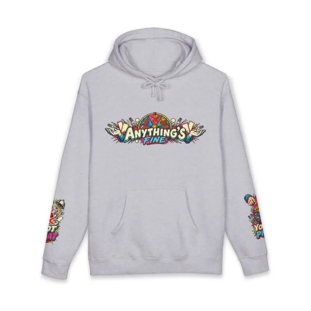 Light gray heavyweight hooded sweatshirt with vibrant cartoon anything’s fine graphic and colorful sleeve designs