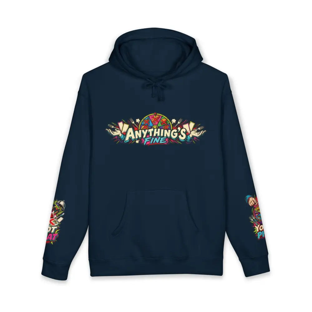 Dark navy blue heavyweight hooded sweatshirt with vibrant colorful anything’s fine graphic and matching sleeve designs