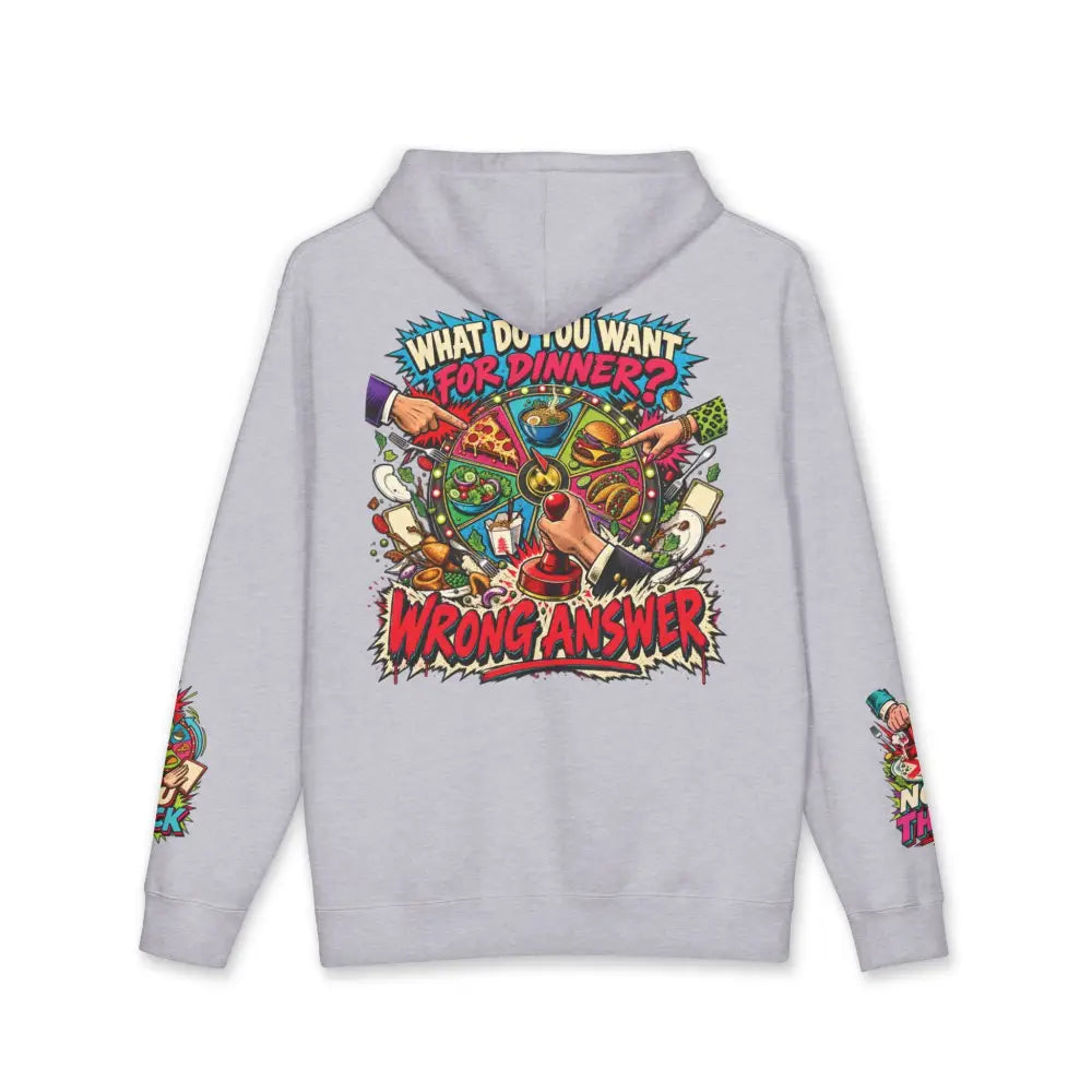 Light gray heavyweight hooded sweatshirt with retro comic pizza graphic and bold red text brings loud style