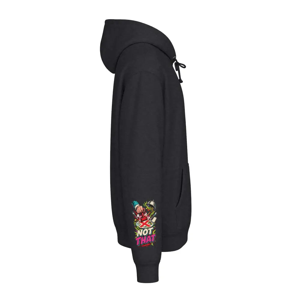 Black heavyweight hooded sweatshirt with colorful cartoon characters and text on left sleeve in retro comic pizza style