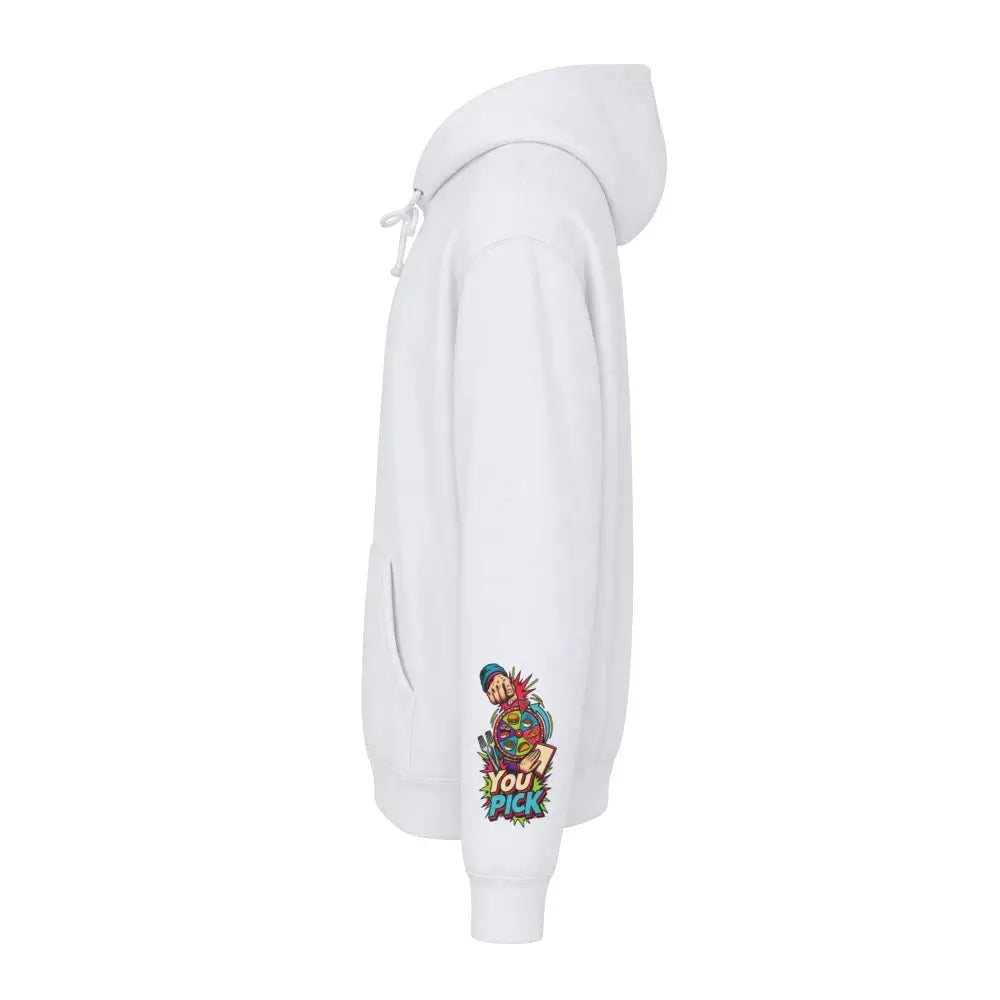 White heavyweight hooded sweatshirt with colorful cartoon you pick sleeve graphic from retro comic pizza collection