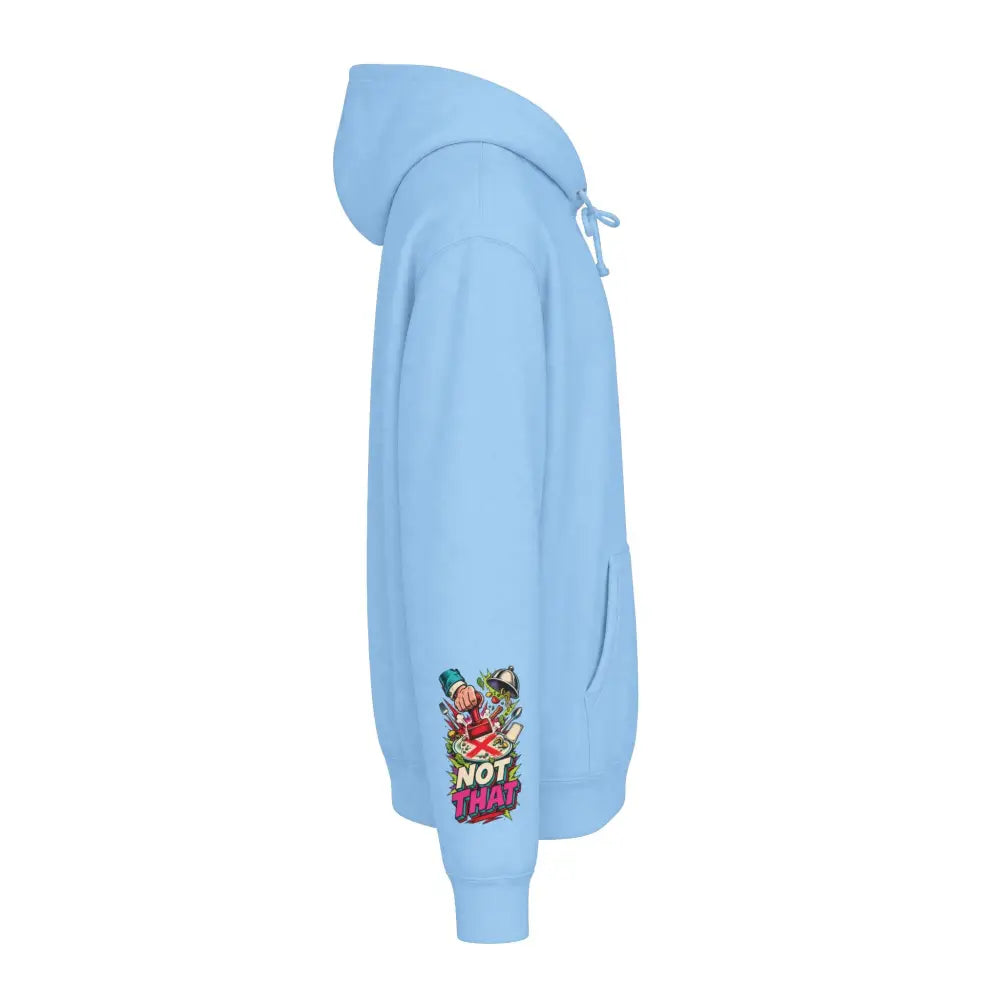 Light blue heavyweight hooded sweatshirt with colorful retro comic pizza graphic and text on the left sleeve