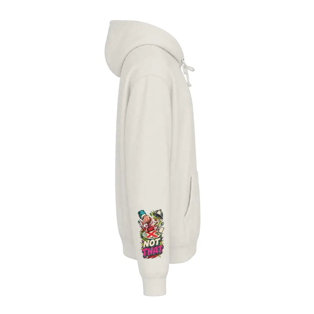 Cream-colored heavyweight hooded sweatshirt with vibrant cartoon style not that graphic on left sleeve brings loud style