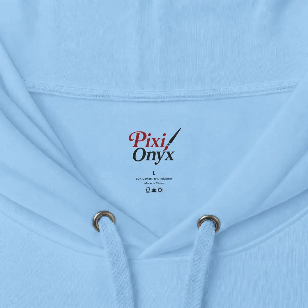 Light blue heavyweight hooded sweatshirt with white drawstring gold eyelets and pixi onyx logo inside collar