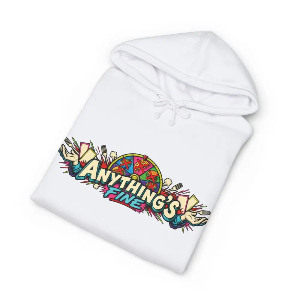 White heavyweight hooded sweatshirt featuring colorful anything’s fine graphic with hands and food on spinning wheel