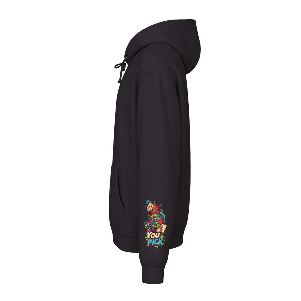 Unisex heavyweight hooded sweatshirt in black with colorful you pick graphic on left sleeve brings loud retro comic style
