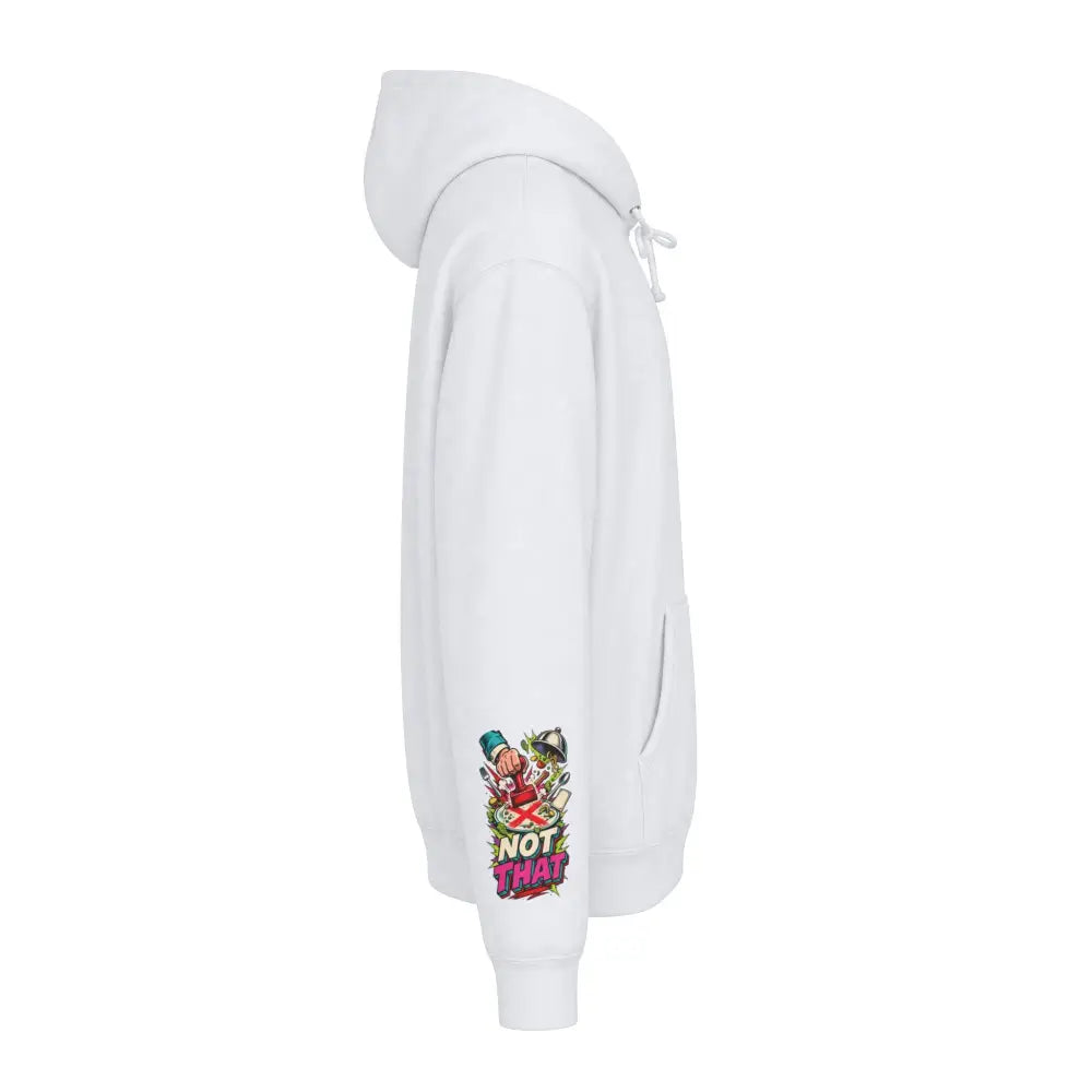 White heavyweight hooded sweatshirt with colorful not that graphic on left sleeve in retro comic pizza design
