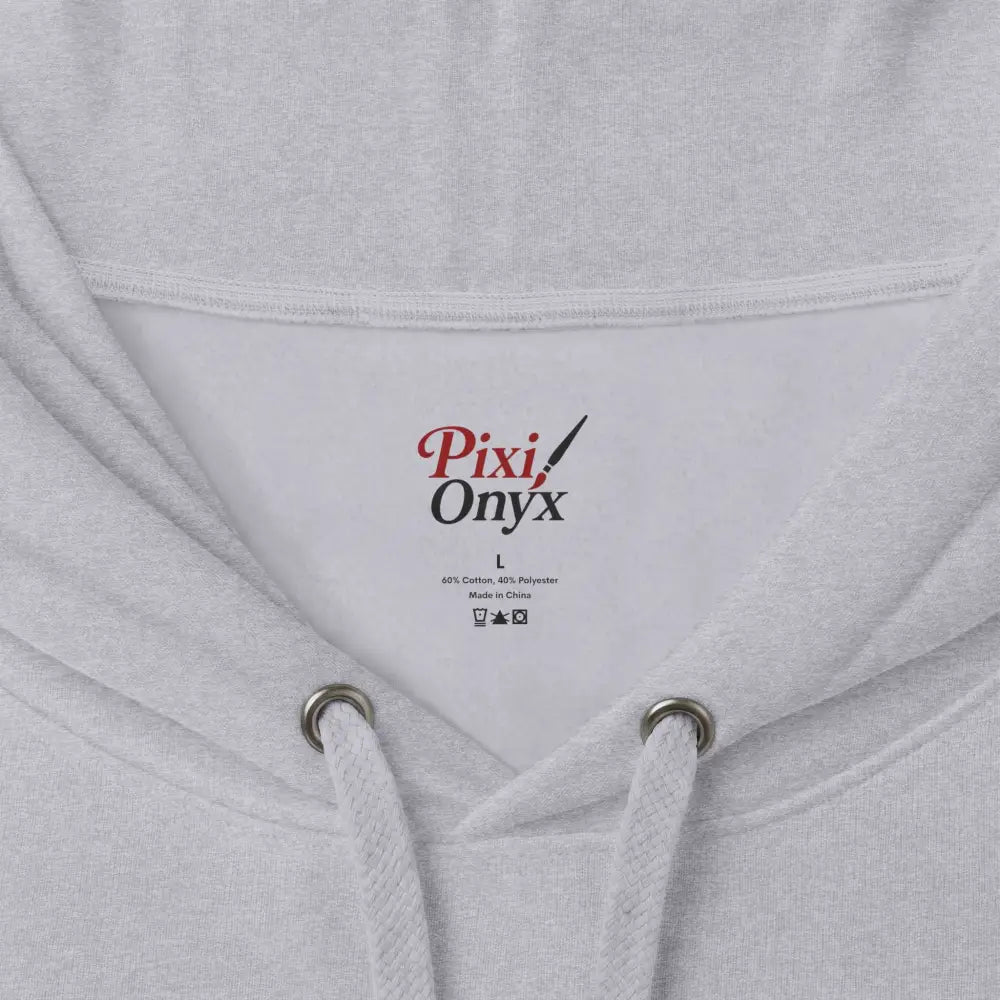 Gray heathered heavyweight hooded sweatshirt with white interior tag featuring pixi onyx logo and retro pizza graphic