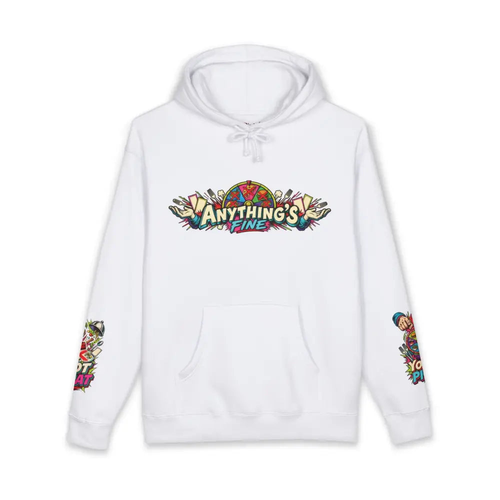 White heavyweight hooded sweatshirt featuring a colorful anything’s fine graphic on chest and sleeves for loud style
