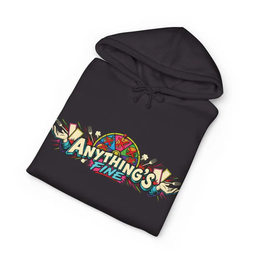 Black heavyweight hooded sweatshirt featuring colorful retro comic pizza graphic and anything’s fine text brings loud style