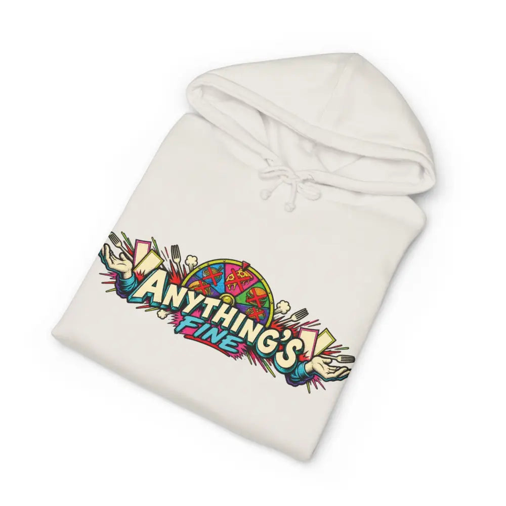 White heavyweight hooded sweatshirt with vibrant anything’s fine graphic and hands holding cutlery around spinning wheel