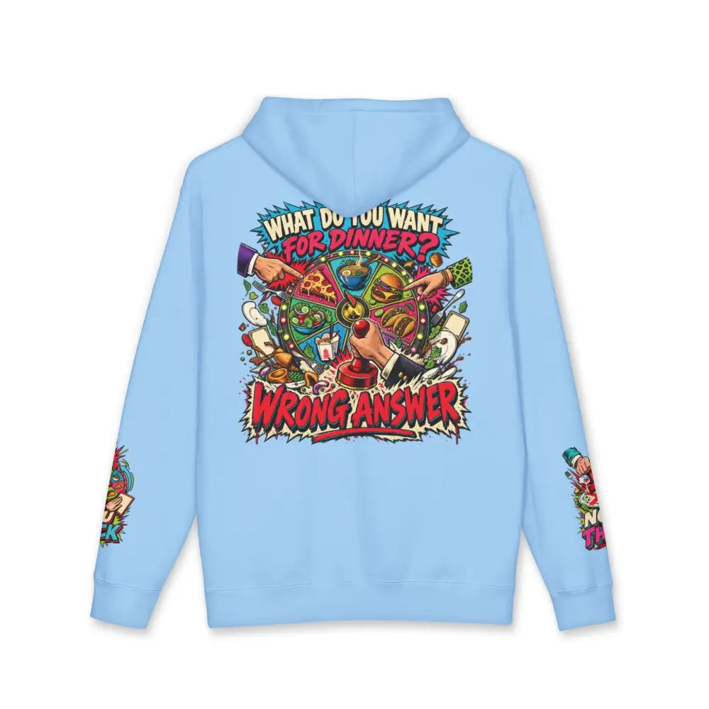 Light blue heavyweight hooded sweatshirt with retro comic pizza graphic and playful dinner wheel text design