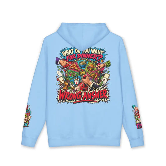 Light blue heavyweight hooded sweatshirt with retro comic pizza graphic and playful dinner wheel text design