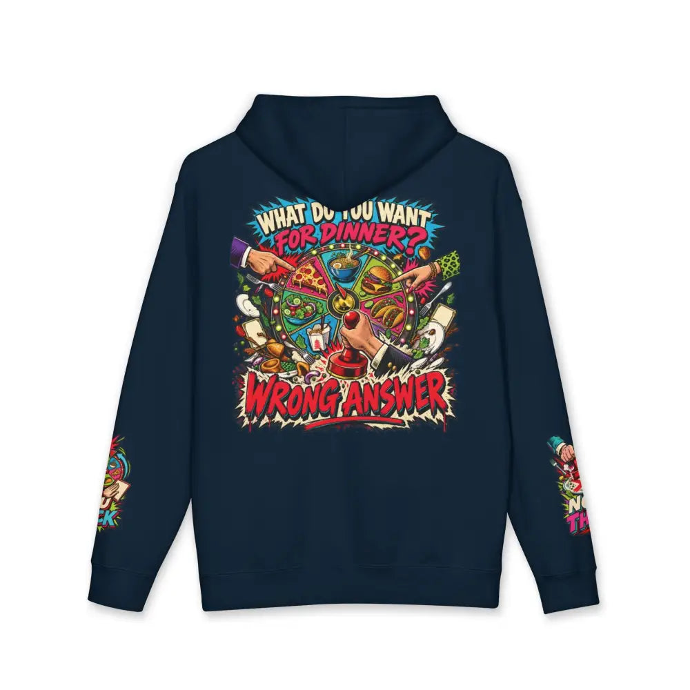 Navy blue heavyweight hooded sweatshirt with vibrant cartoon dinner wheel graphic and text wrong answer for casual wear