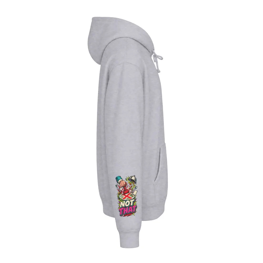Light gray heavyweight hooded sweatshirt with colorful not that graphic on left sleeve from retro comic pizza design