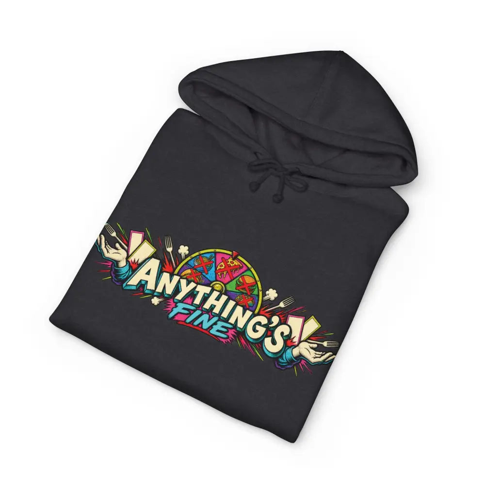 Black heavyweight hooded sweatshirt with colorful anything’s fine graphic and retro comic pizza design brings loud style
