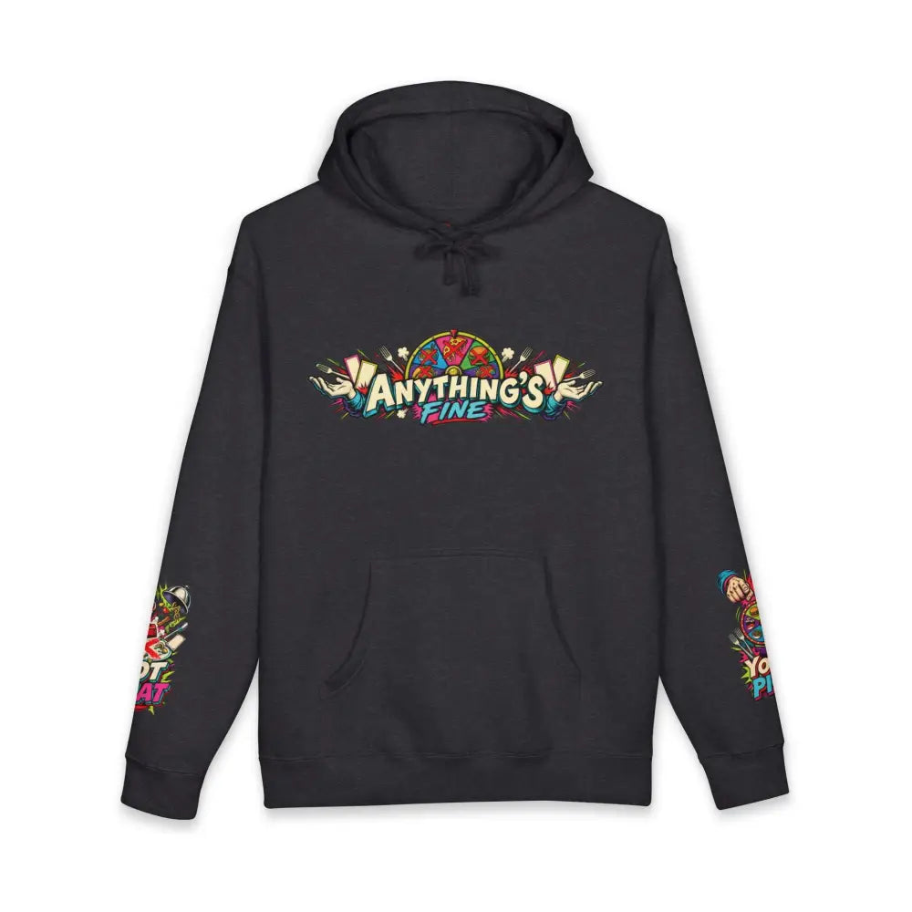 Black heavyweight hooded sweatshirt featuring a vibrant anything’s fine graphic with matching sleeve designs