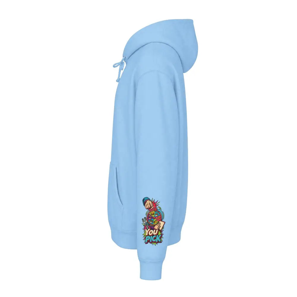 Light blue heavyweight hooded sweatshirt brings a colorful cartoon graphic and text you pick on the left sleeve