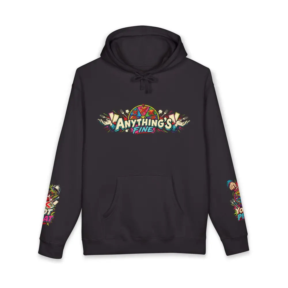 Black heavyweight hooded sweatshirt featuring a vibrant anything’s fine retro comic pizza graphic on chest and sleeves