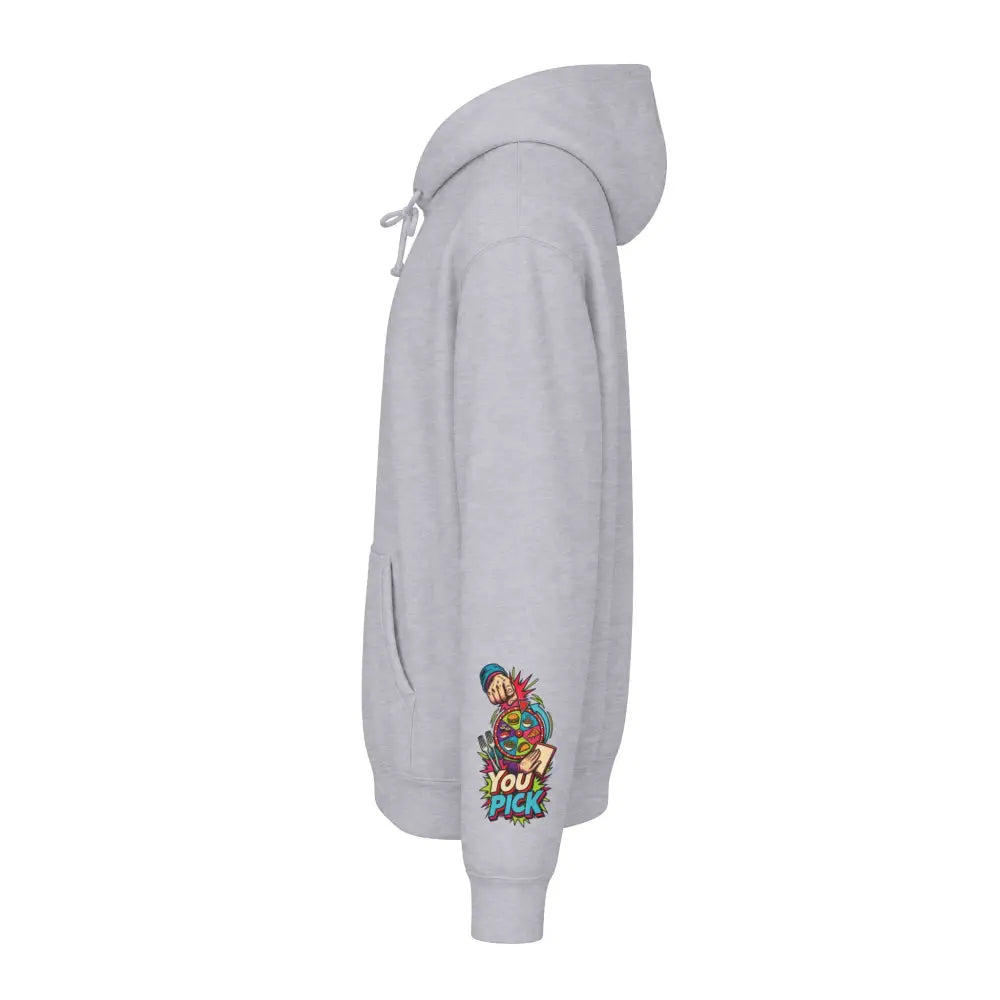 Unisex heavyweight hooded sweatshirt in gray with colorful retro comic pizza graphic and you pick text on the sleeve