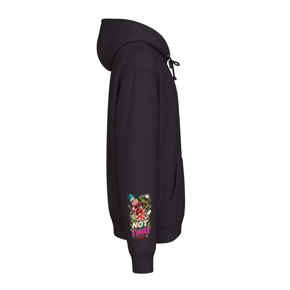 Black unisex heavyweight hooded sweatshirt with colorful not that graphic on the left sleeve brings loud retro style