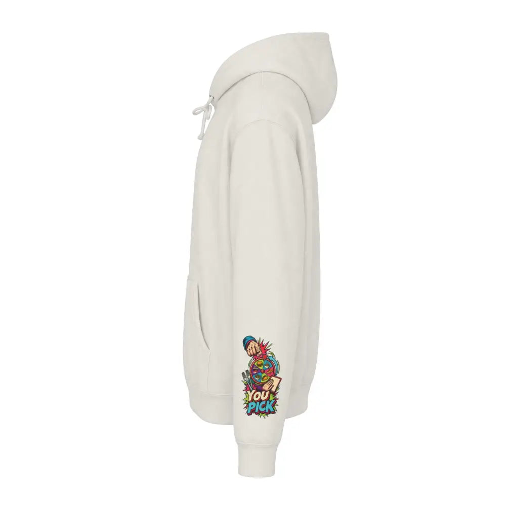 Cream-colored heavyweight hooded sweatshirt brings a vibrant cartoon graphic with bold you pick text on the left sleeve